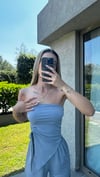 Kadın Sandy Kumaş Gri Straplez Crop Pantolon Takım