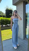 Kadın Sandy Kumaş Gri Straplez Crop Pantolon Takım