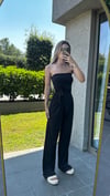 Kadın Sandy Kumaş Siyah Straplez Crop Pantolon Takım