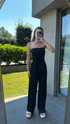 Kadın Sandy Kumaş Siyah Straplez Crop Pantolon Takım