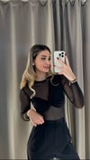 Kadın şık tül detay siyah bluz