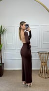 Kadın sırt dekolte maxi boy vücudu saran elbise