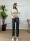 Kadın siyah leopar desen mom jean