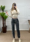 Kadın siyah leopar desen mom jean