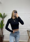 Kadın siyah pamuklu yumuşak kumaş bisiklet yaka crop body