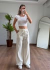 Keten Krem Bağlamalı Pantolon