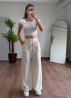 Keten Krem Bağlamalı Pantolon