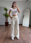 Keten Krem Bağlamalı Pantolon