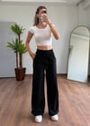 Keten Siyah Bağlamalı Pantolon