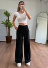 Keten Siyah Bağlamalı Pantolon