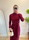 Meli Ön Kuşak Bağlamalı Bordo Triko Elbise