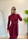 Meli Ön Kuşak Bağlamalı Bordo Triko Elbise