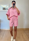 Mery Pembe Kemerli Şort Gömlek Takım