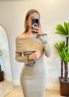 Nella Standart Bedenli Krem Midi Boy Elbise