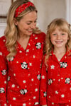 Anne Kız Pijama Takımı Kırmızı Renk Panda Desenli Uzun Kollu Rahat Ev Giyim Takımı