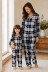 Anne Kız Pijama Takımı Lacivert Ayıcık Desenli Uzun Kollu Rahat Ev Giyim Takımı