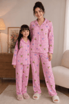 Anne Kız Pijama Takımı Pembe Ayıcık Desenli Uzun Kollu Rahat Ev Giyim Takımı