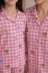 Anne Kız Pijama Takımı Pembe Ayıcık Desenli Uzun Kollu Rahat Ev Giyim Takımı