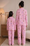 Anne Kız Pijama Takımı Pembe Ayıcık Desenli Uzun Kollu Rahat Ev Giyim Takımı