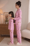 Anne Kız Pijama Takımı Pembe Ayıcık Desenli Uzun Kollu Rahat Ev Giyim Takımı