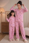 Anne Kız Pijama Takımı Pembe Ayıcık Desenli Uzun Kollu Rahat Ev Giyim Takımı