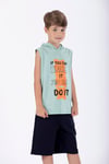 Baskılı Kapüşonlu Sıfır Kol Yeşil Renk Erkek Çocuk Tshirt