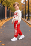 Erkek Çocuk Eşofman Takımı 2'li Mevsimlik Ekru Kırmızı Renk Sweatshirtlü Spor Takım