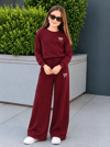 Kız Çocuk Eşofman Takımı Bordo Fiyonklu Sweatshirt ve Bol Paça Pantolon 2'li Takım