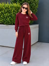 Kız Çocuk Eşofman Takımı Bordo Fiyonklu Sweatshirt ve Bol Paça Pantolon 2'li Takım