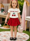 Kız Çocuk Şort Etek Takım Cherry Mood Taş İşlemeli Kiraz Baskılı Beyaz Tshirt Kırmızı Etek
