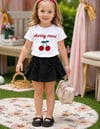 Kız Çocuk Şort Etek Takım Cherry Mood Taş İşlemeli Kiraz Baskılı Beyaz Tshirt Siyah Etek