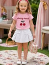 Kız Çocuk Şort Etek Takım Cherry Mood Taş İşlemeli Kiraz Baskılı Pembe Tshirt Beyaz Etek