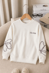 Kız Çocuk Sweatshirt Uzun Kollu Kahve Rengi Nakışlı Kelebek Desenli Sweatshirt