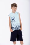 Trex Baskılı Kapüşonlu Sıfır Kol Mavi Renk Erkek Çocuk Tshirt
