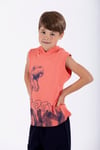 Trex Baskılı Kapüşonlu Sıfır Kol Nar Çiçeği Renk Erkek Çocuk Tshirt