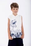 Trex Baskılı Kapüşonlu Sıfır Kol Ekru Renk Erkek Çocuk Tshirt