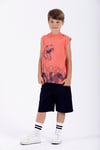 Trex Baskılı Kapüşonlu Sıfır Kol Nar Çiçeği Renk Erkek Çocuk Tshirt