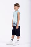 Trex Baskılı Kapüşonlu Sıfır Kol Mavi Renk Erkek Çocuk Tshirt