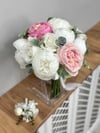 Blush Garden Islak Şakayık ve Gül Gelin Buketi | Pudra Pembe ve Okaliptus Detaylı
