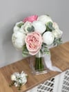 Blush Garden Islak Şakayık ve Gül Gelin Buketi | Pudra Pembe ve Okaliptus Detaylı