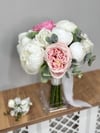 Blush Garden Islak Şakayık ve Gül Gelin Buketi | Pudra Pembe ve Okaliptus Detaylı
