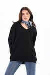 Edelle Siyah Organik Kadın Sweatshirt Oversize V-Yaka