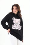 Edelle Siyah Organik Lady Teddy Bear Desenli Kapüşonlu Kadın Sweatshirt