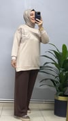BEJ RENGİ YAPRAK DESENLİ TUNİK