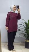 BORDO YAPRAK DESENLİ TUNİK