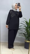 SİYAH YAPRAK DESENLİ TUNİK
