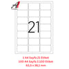 A1 Lazer Etiket tw-2021 100 A4 Sayfa Laser Etiket 63.5 x 38.1 mm Boyutunda 1 A4 Sayfada 21 Etiket