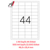 A1 Lazer Etiket tw-2044 500 A4 Sayfa Lazer Etiket 48,5 x 25,4 mm Boyutunda 1 A4 Sayfada 44 Etiket