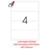A1 Lazer Etiket tw-2104 500 A4 Sayfa Lazer Etiket 192,5 x 62 mm Boyutunda 1 A4 Sayfada 4 Etiket