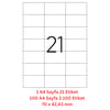 A1 Lazer Etiket tw-2124 100 A4 Sayfa Laser Etiket 70 X 42.43 mm Boyutunda 1 A4 Sayfada 21 Etiket